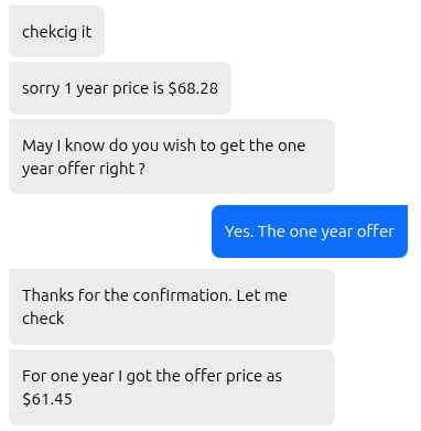 Bluehost support chat offering a reduced one-year VPS renewal price of $61.45