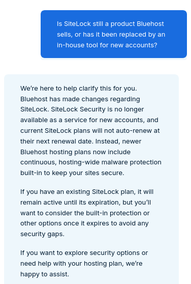 Bluehost support confirming SiteLock has been discontinued and replaced by malware protection