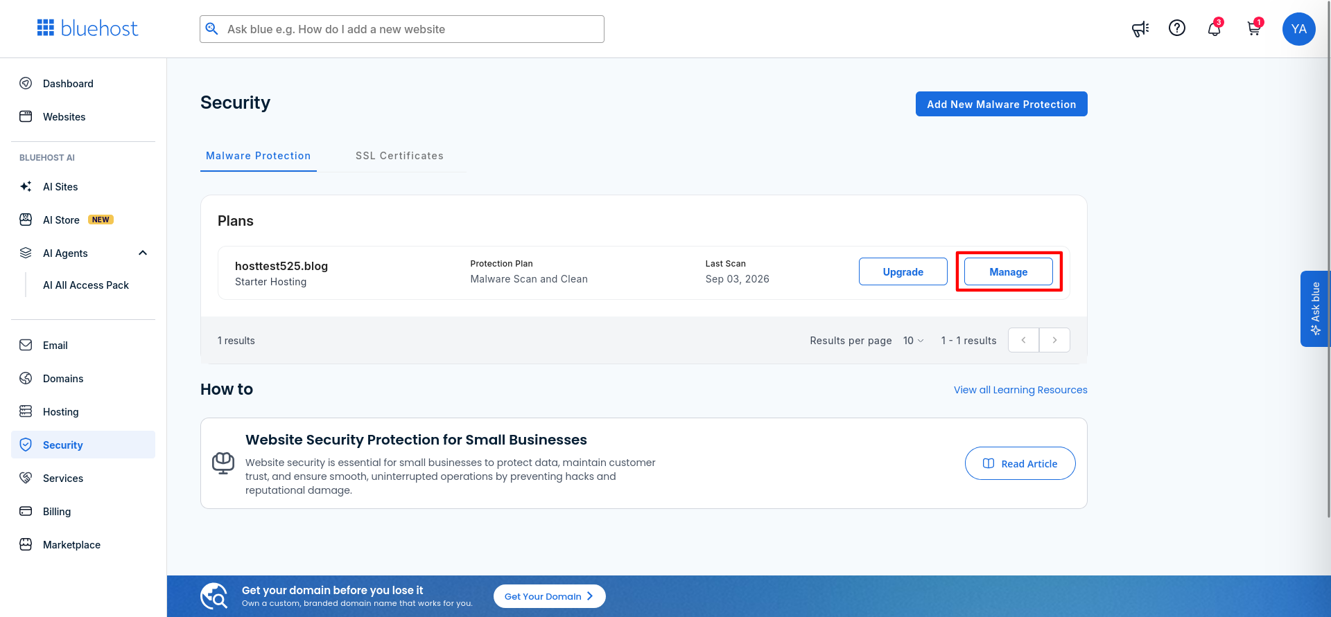 Bluehost Security dashboard showing the Malware Protection tab and Malware Scan and Clean plan