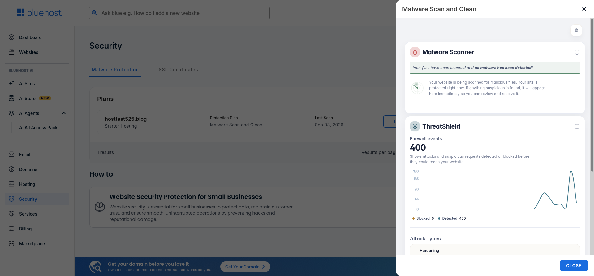 Bluehost Malware Scanner and ThreatShield dashboard showing malware scanning and firewall events