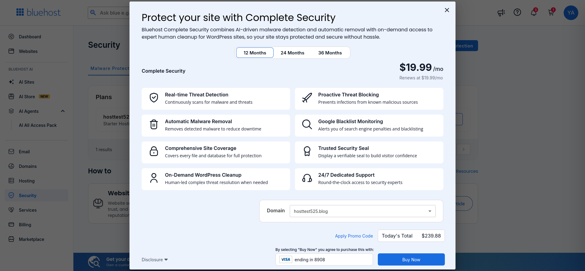 Bluehost Complete Security upgrade page showing the paid malware protection plan