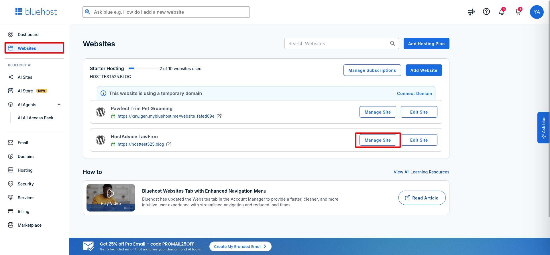 Bluehost Account Manager Websites page showing the Manage Site option