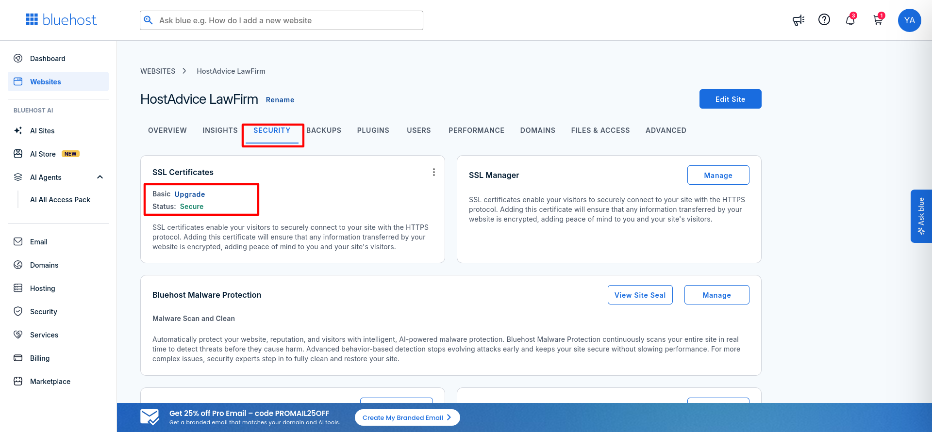 Bluehost Security tab showing SSL certificate settings
