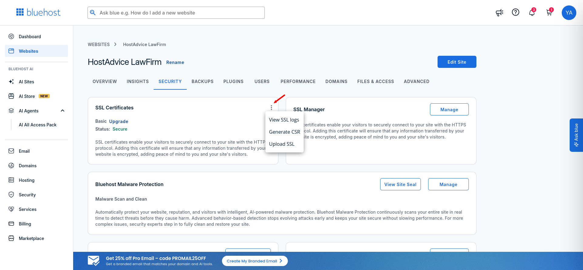 Bluehost SSL Certificates menu showing View SSL logs, Generate CSR, and Upload SSL options