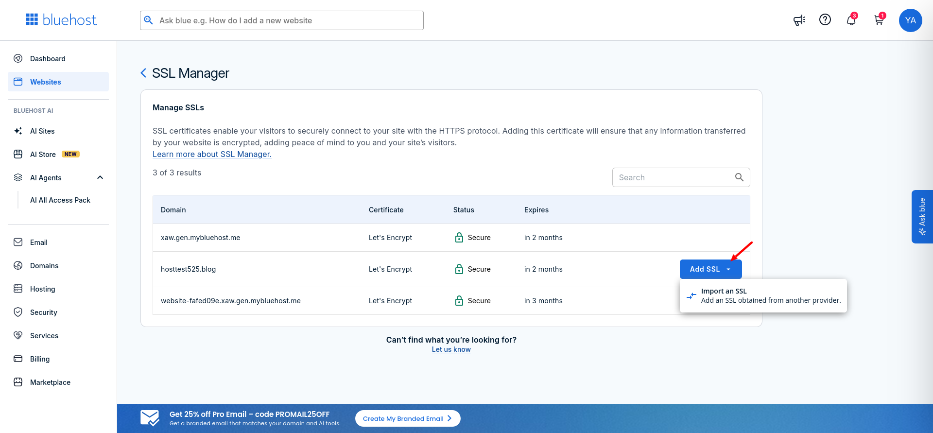 Bluehost SSL Manager showing domain SSL certificate type, status, and expiration details