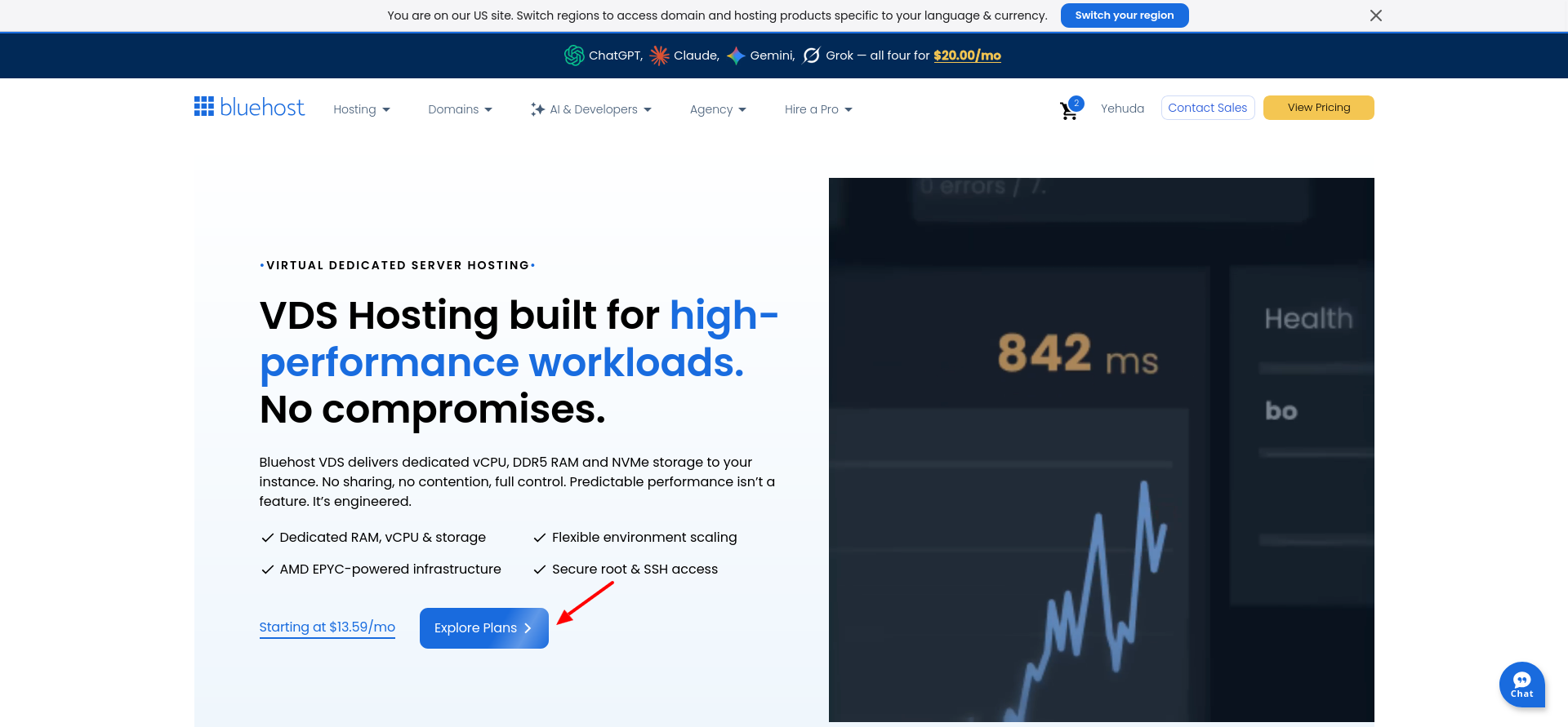 Bluehost Virtual Dedicated Server hosting landing page