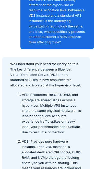 Bluehost support comparison of standard VPS and VDS resource isolation
