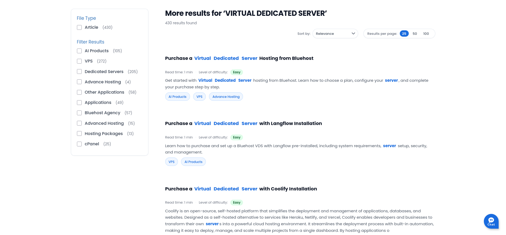 Bluehost Knowledge Base search results for virtual dedicated server