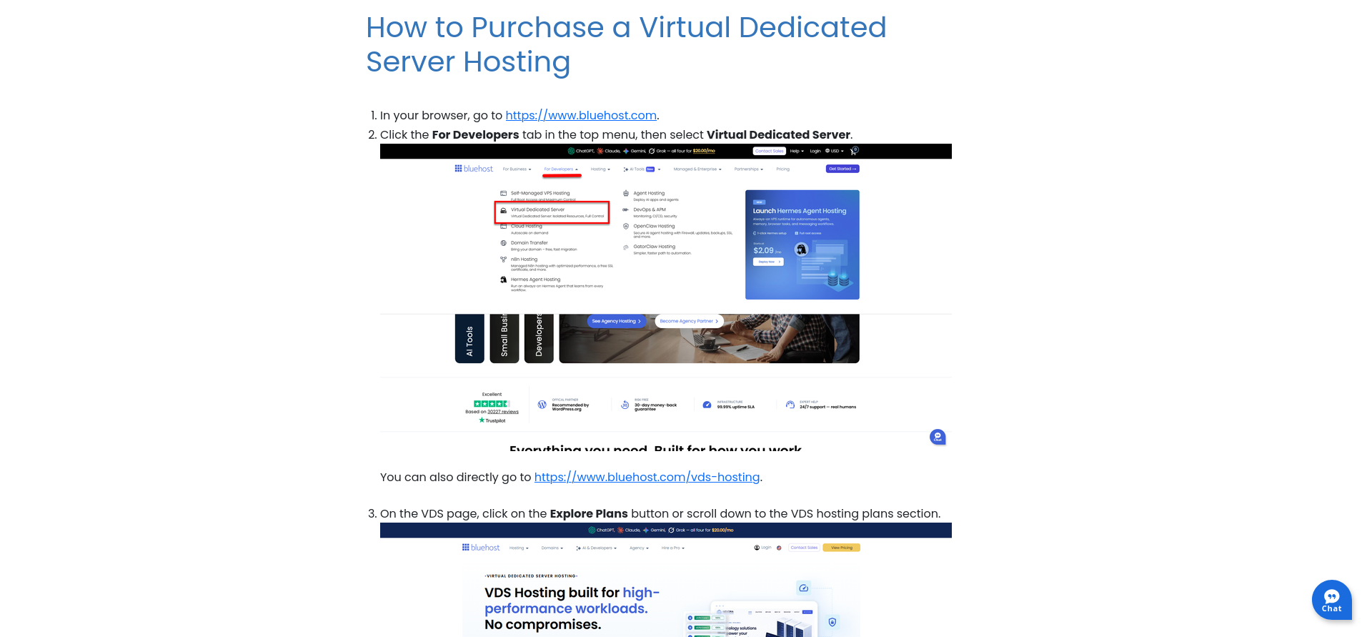 Bluehost Knowledge Base guide for purchasing Virtual Dedicated Server hosting