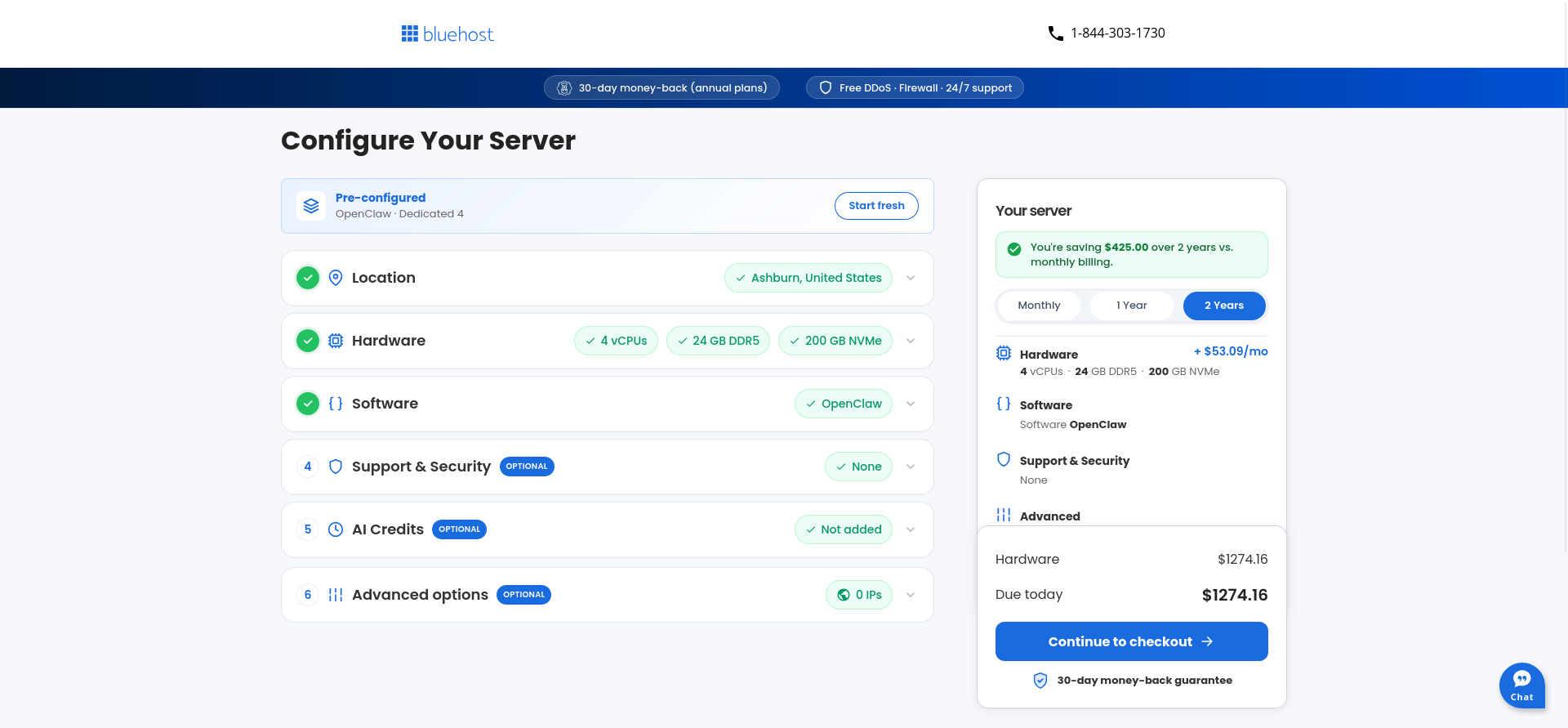 Bluehost VDS Configure Your Server page with OpenClaw and Dedicated 4 pre-configured