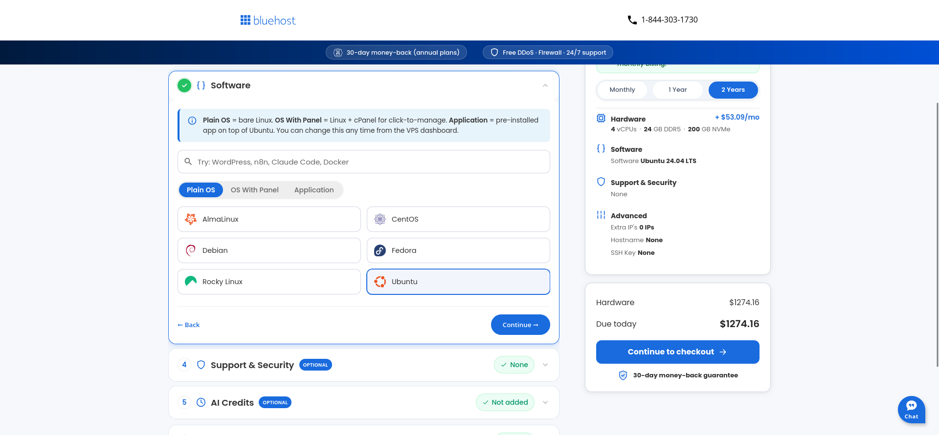 Bluehost VDS plain operating system selection with Ubuntu and other Linux distributions
