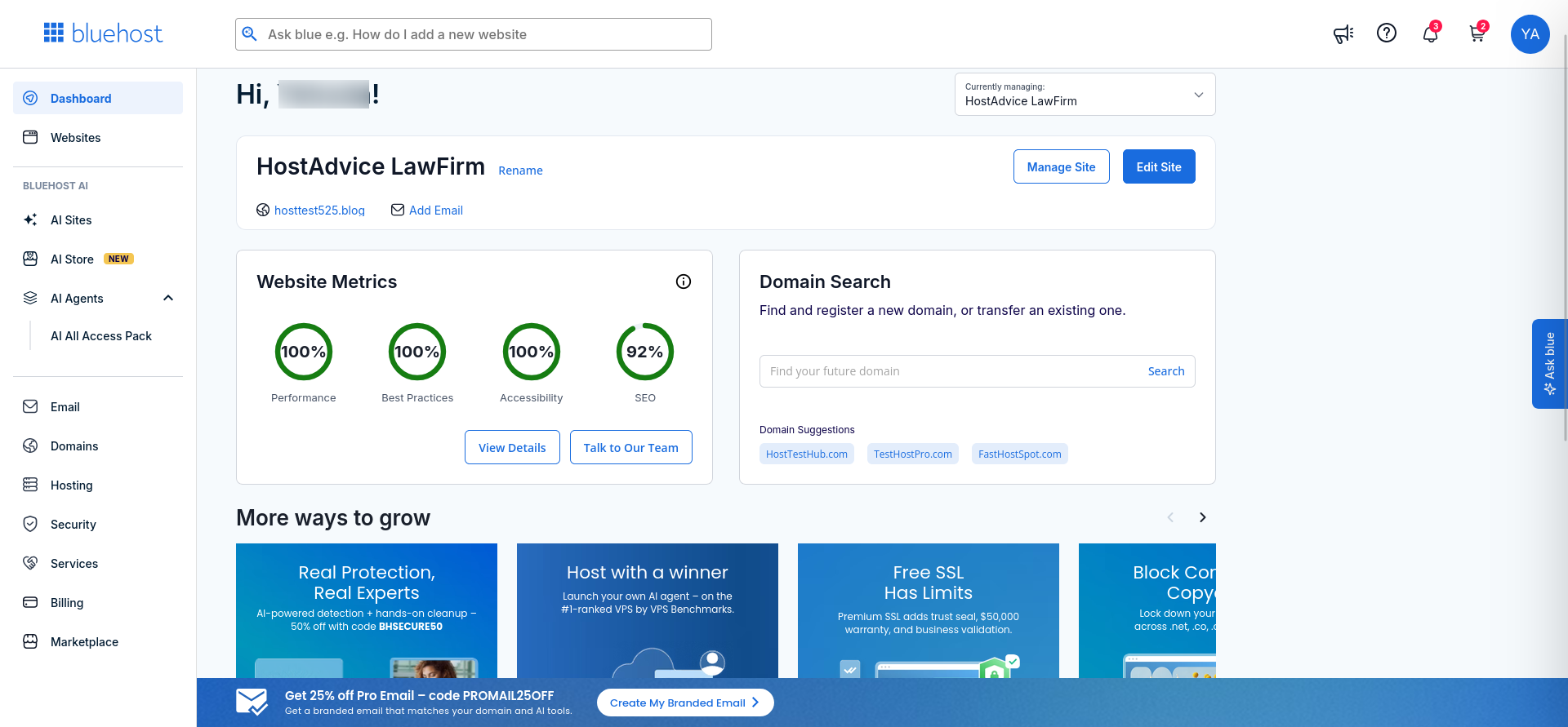 Bluehost Account Manager dashboard after Virtual Dedicated Server checkout