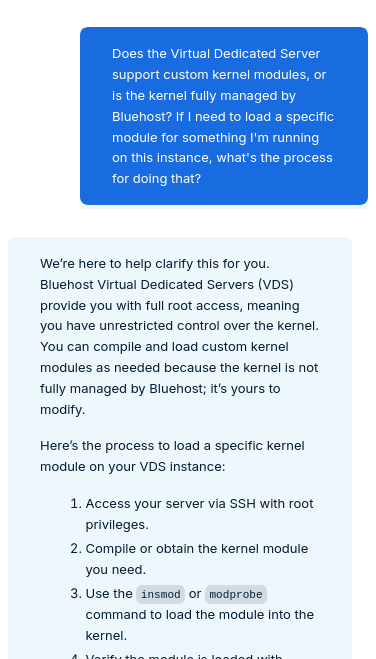 Bluehost support response explaining VDS kernel and custom module control