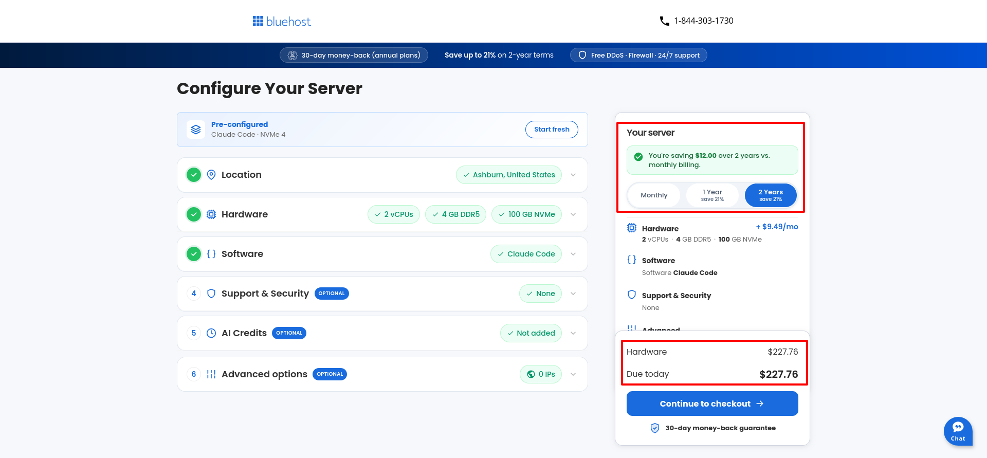 Bluehost Self-Managed VPS NVMe 4 pricing configurator showing a 2-year term