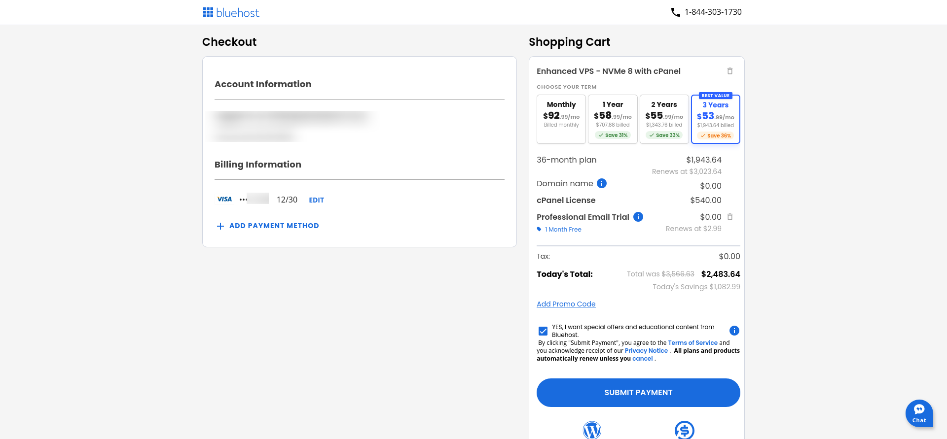 Bluehost Managed VPS checkout showing Enhanced NVMe 8 pricing by billing term
