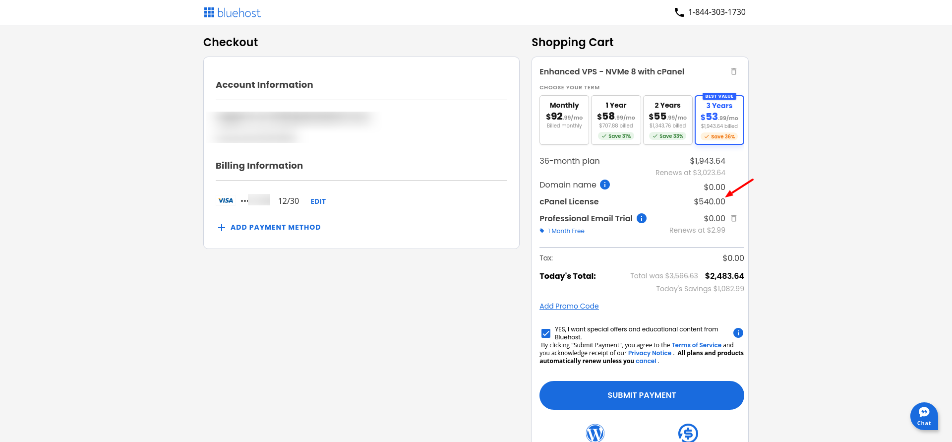 Bluehost Managed VPS checkout showing a $540 cPanel license charge