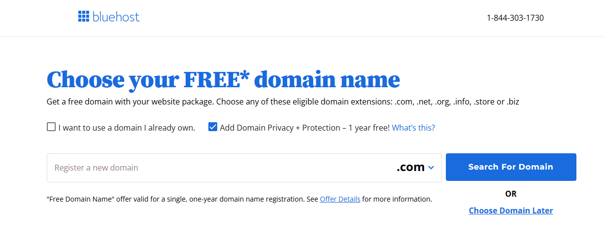 Bluehost domain selection during signup