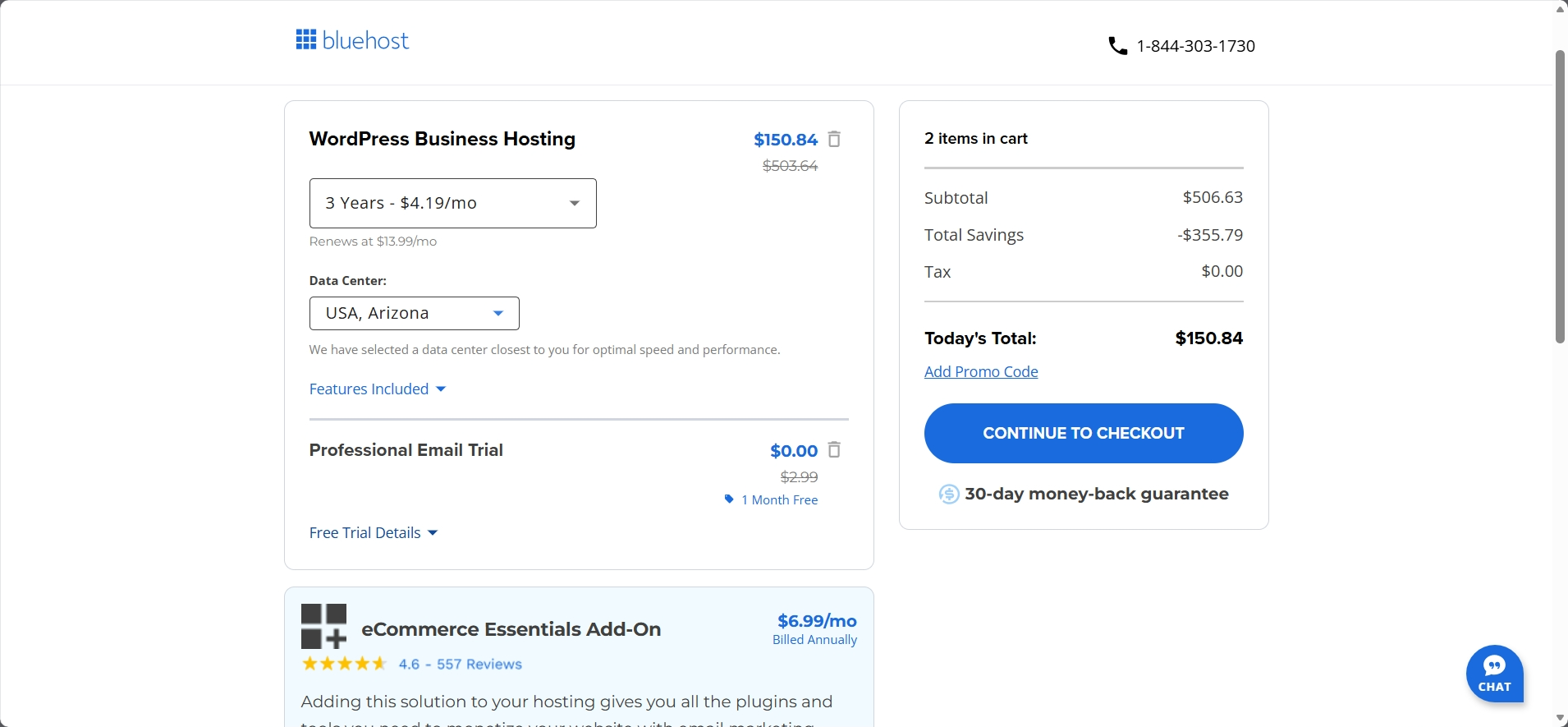 Bluehost checkout order summary