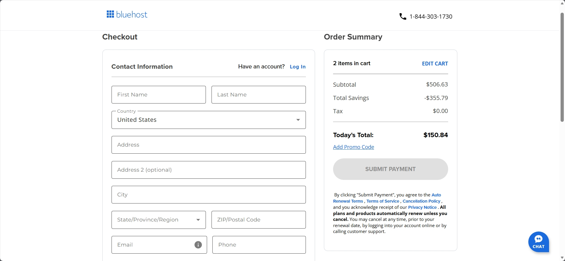Bluehost checkout and account creation