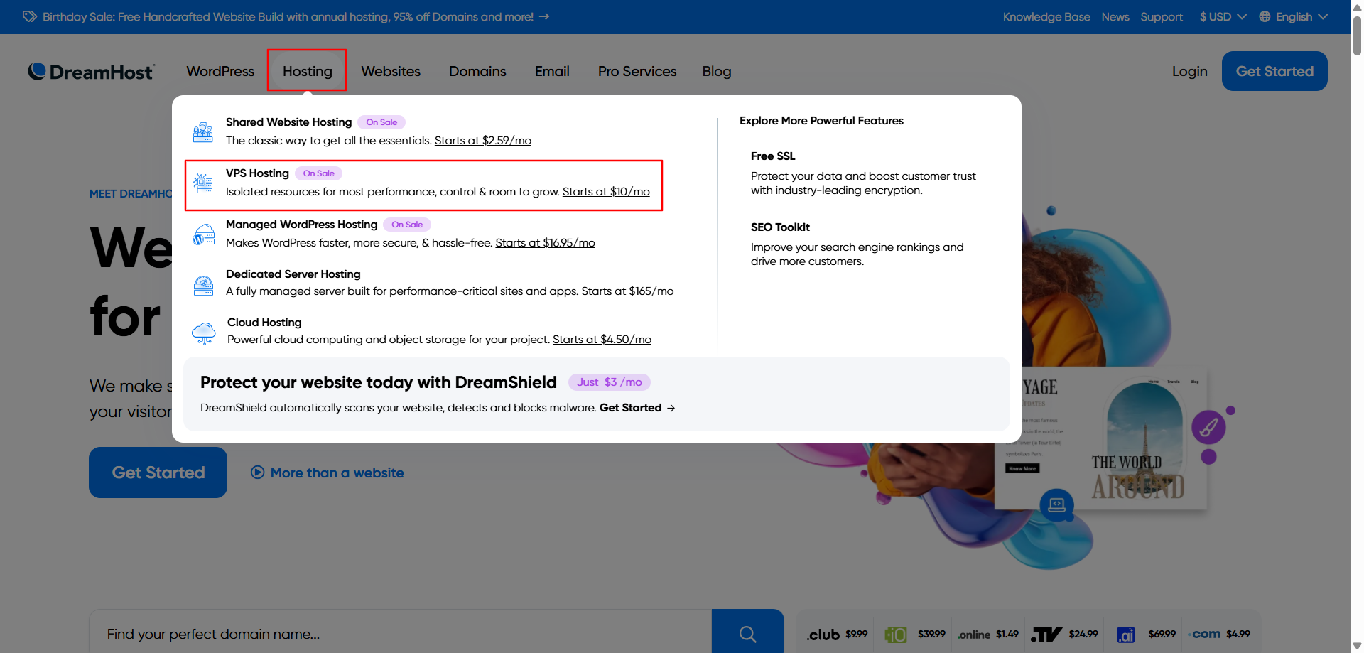 DreamHost VPS hosting plan selection