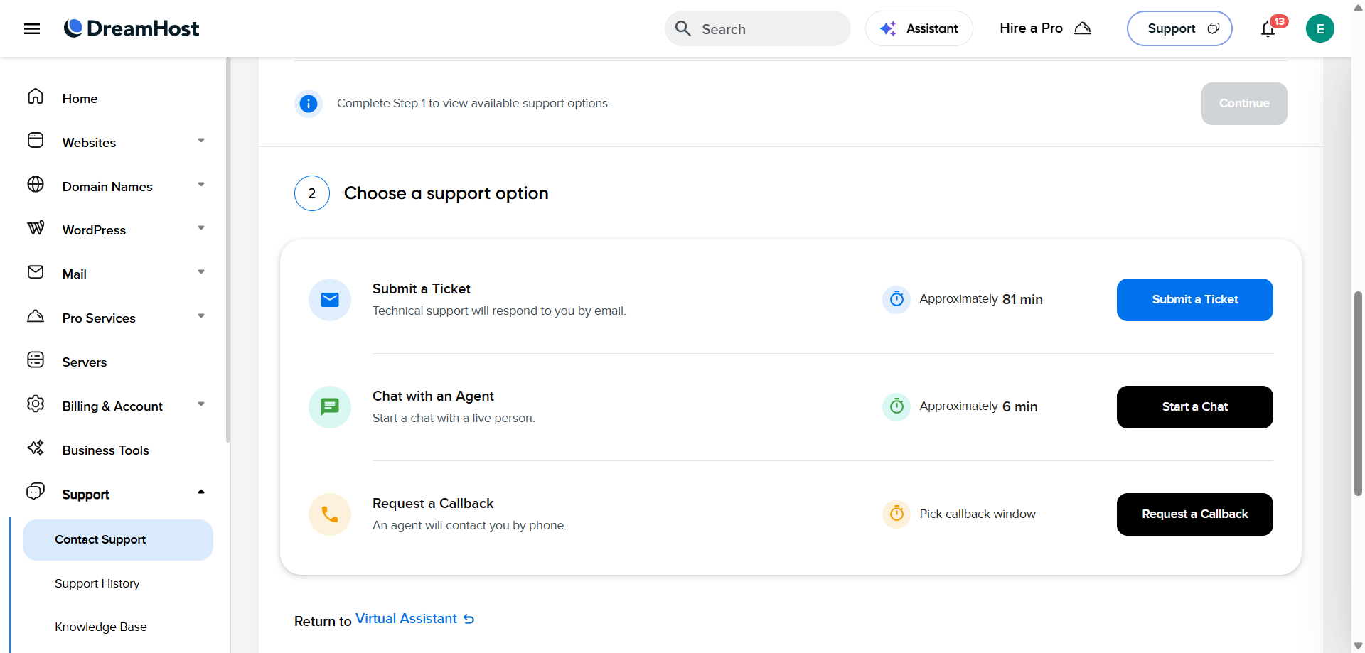 DreamHost support options and estimated wait times