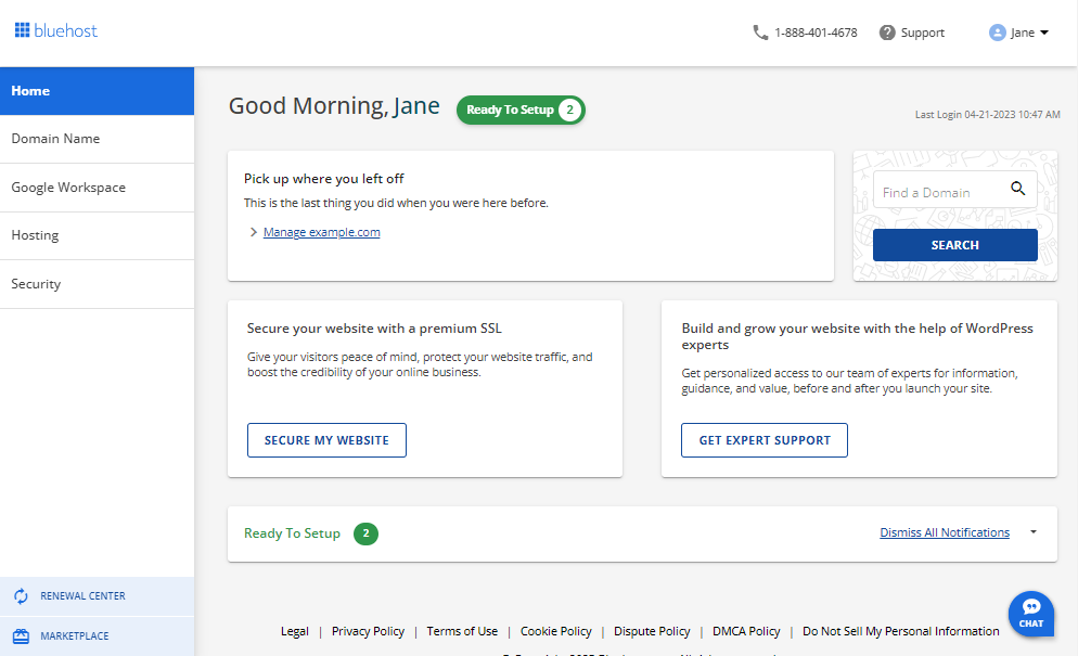 Bluehost dashboard and client area