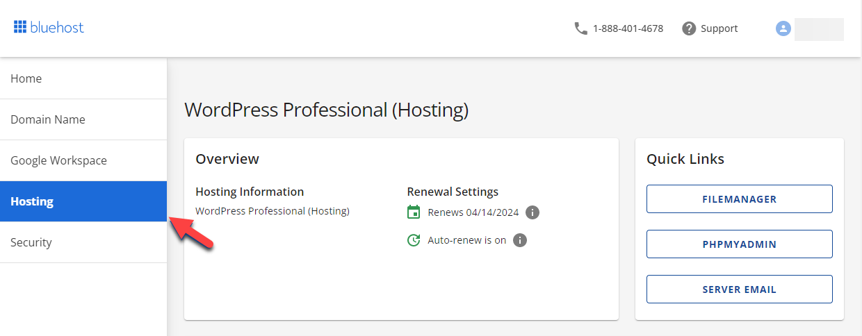 Bluehost Hosting tab for WordPress installation