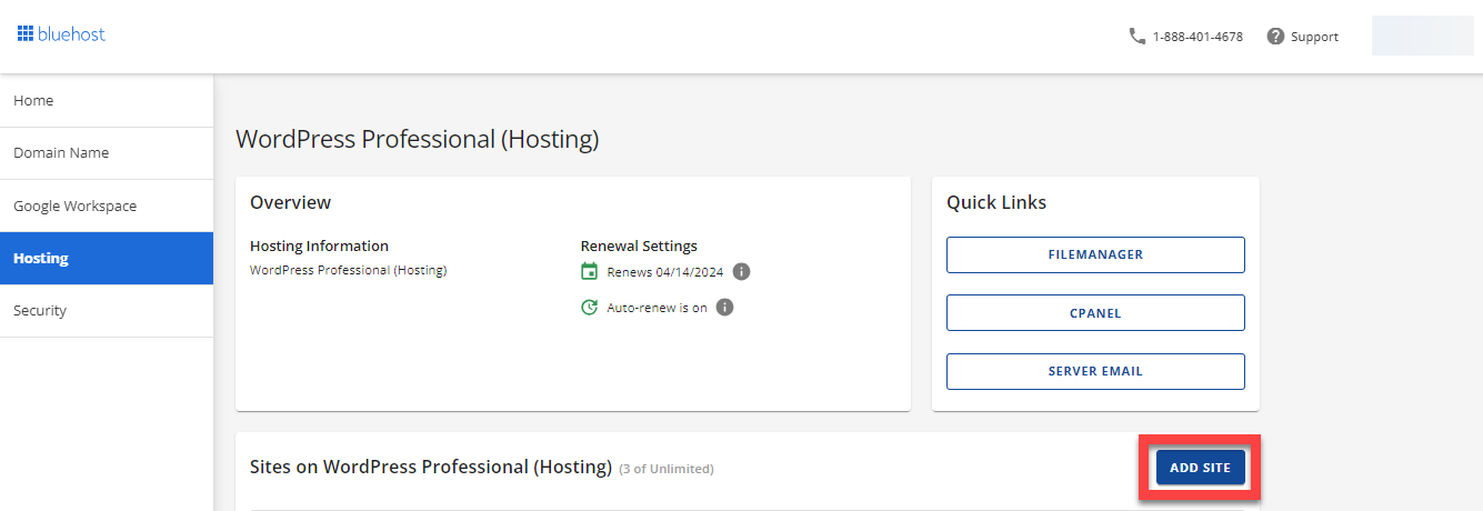 Bluehost Add Site button