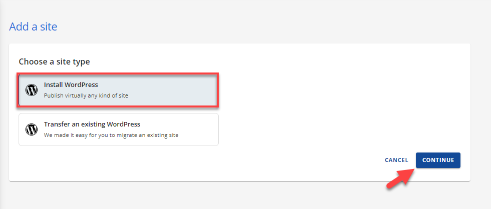 Bluehost Install WordPress option