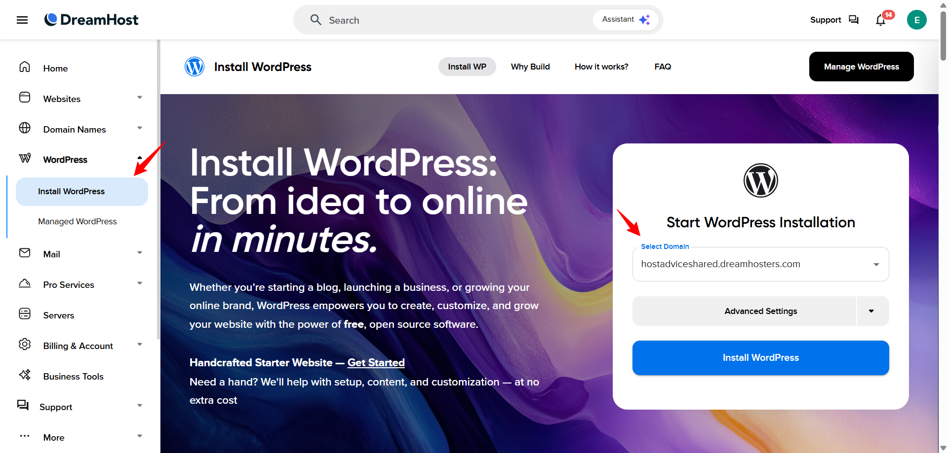 DreamHost Install WordPress menu