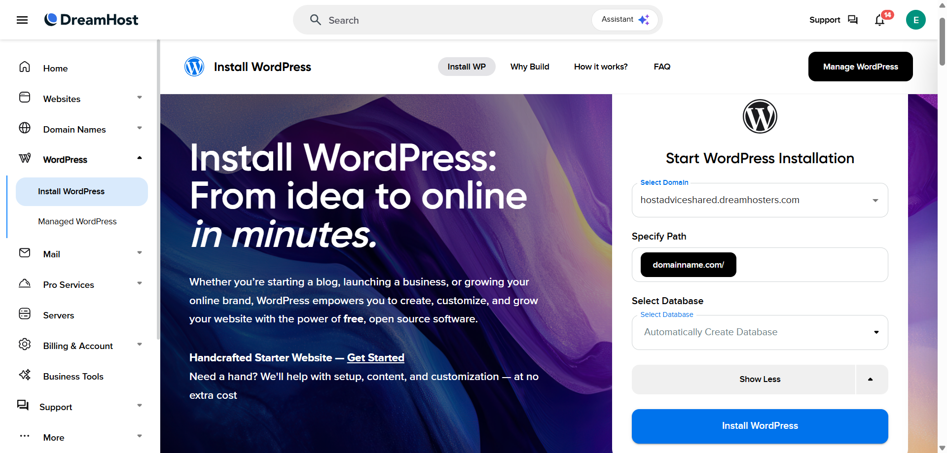 DreamHost WordPress installation settings