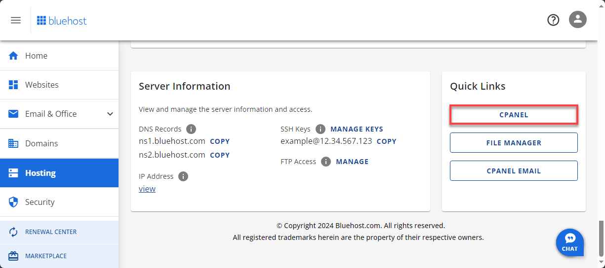 Bluehost hosting management dashboard