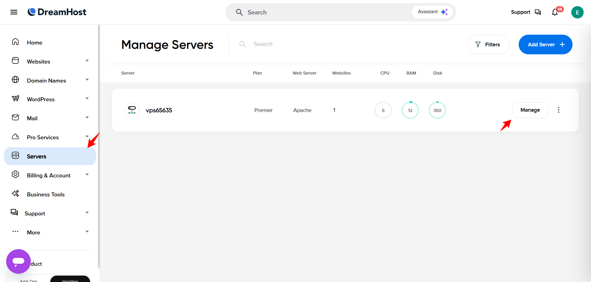 DreamHost Manage Servers page
