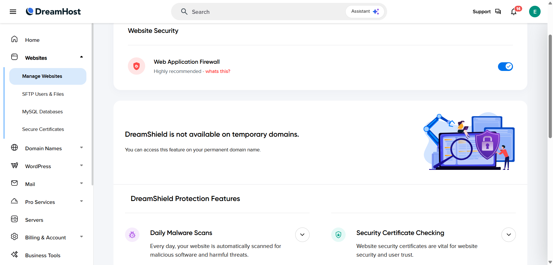 DreamHost security and DreamShield settings