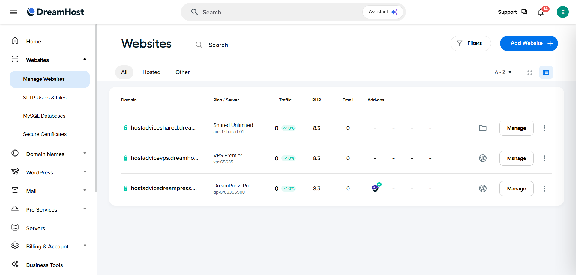 DreamHost hosting features and control panel