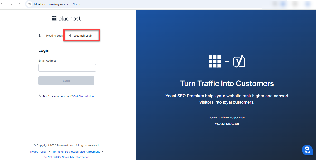 Bluehost login page showing the Webmail Login tab next to Hosting Login