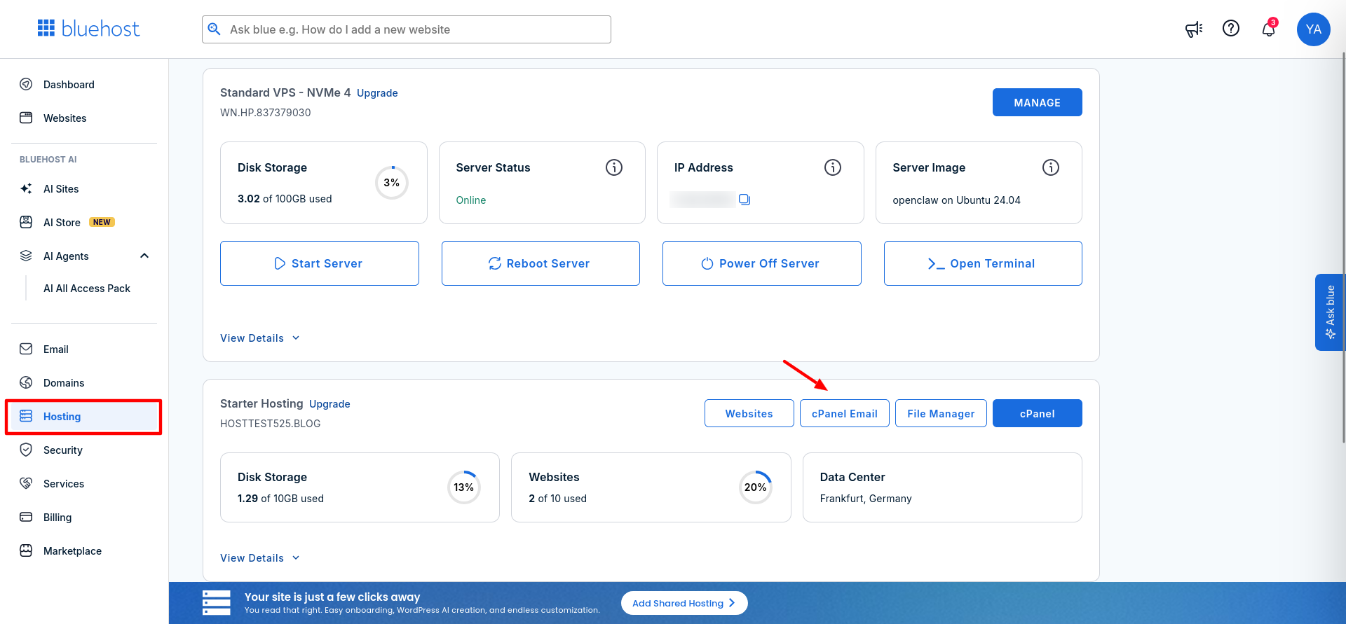 Bluehost Account Manager Hosting section showing the cPanel Email option