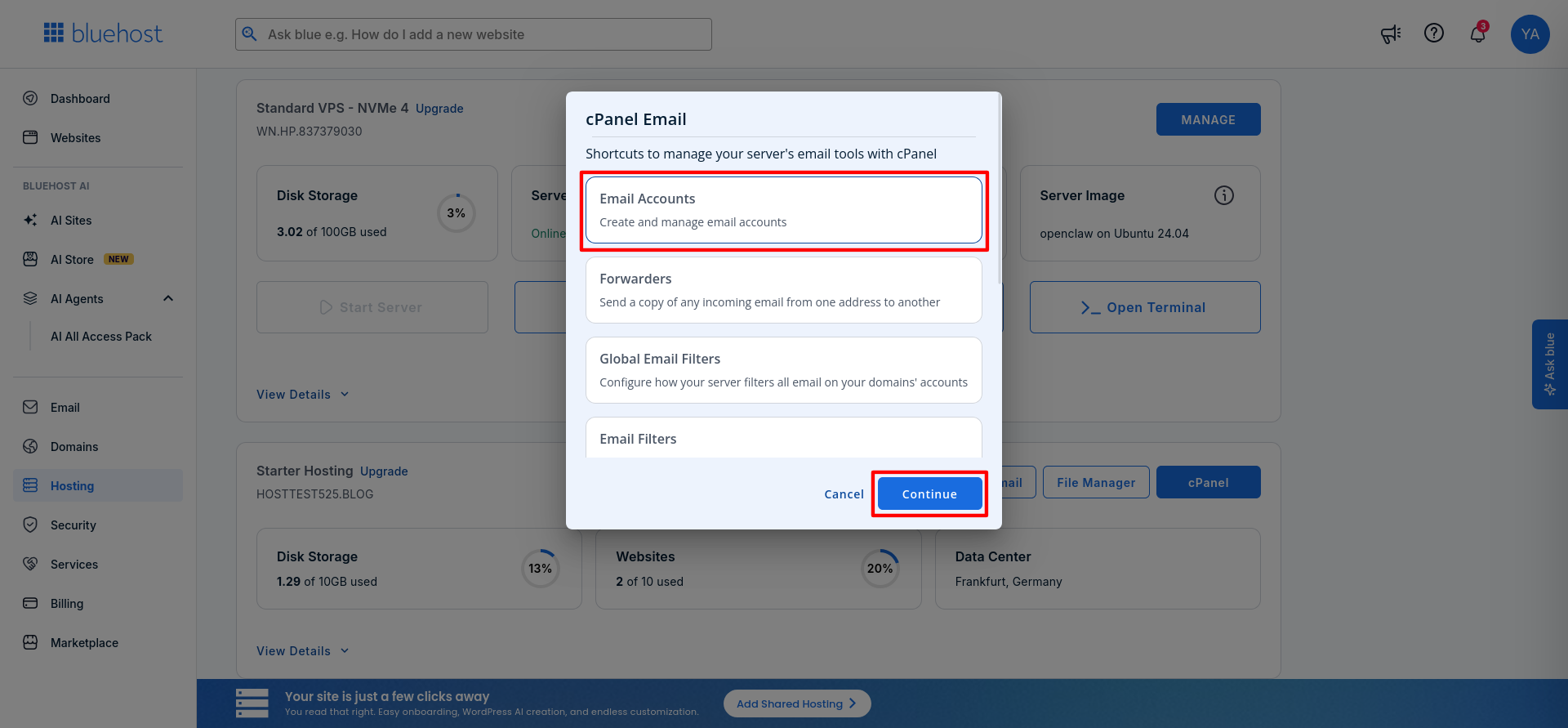 Bluehost cPanel Email popup showing the Email Accounts option and Continue button