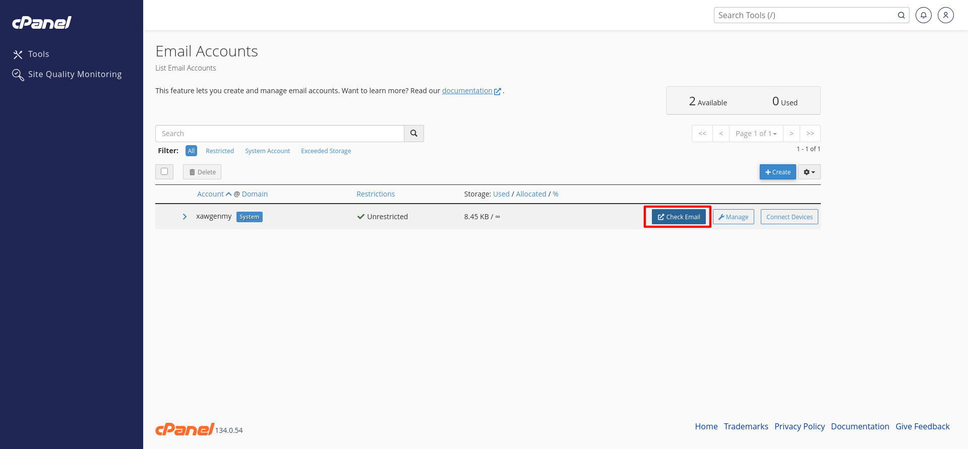 cPanel Email Accounts page in Bluehost showing mailboxes and storage usage