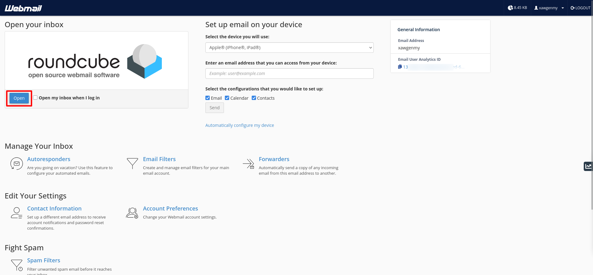 Bluehost webmail landing page showing the Roundcube Open button