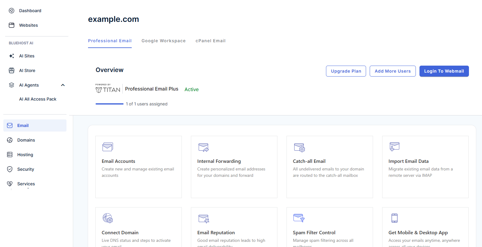 Bluehost Account Manager showing the Professional Email tab