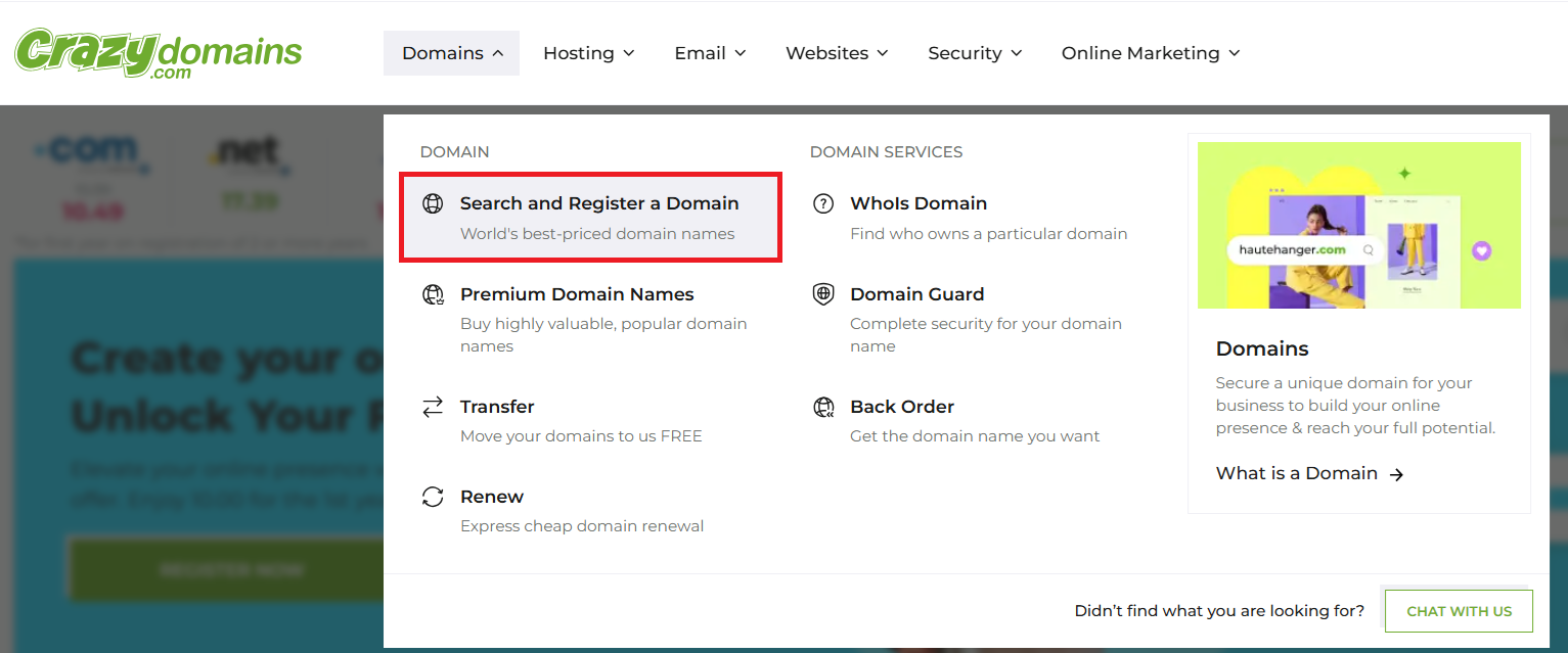 CrazyDomains Australia domain search and available services