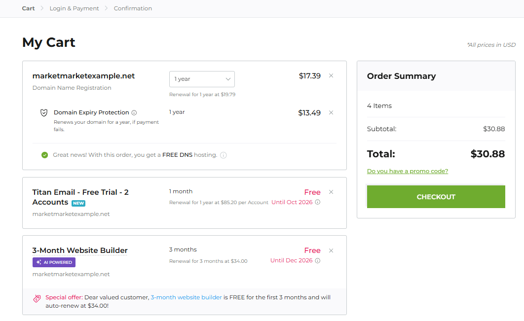 CrazyDomains My Cart page with domain registration and additional services