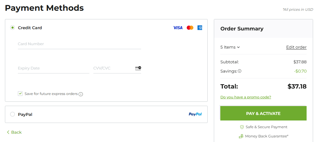 CrazyDomains payment methods and order summary