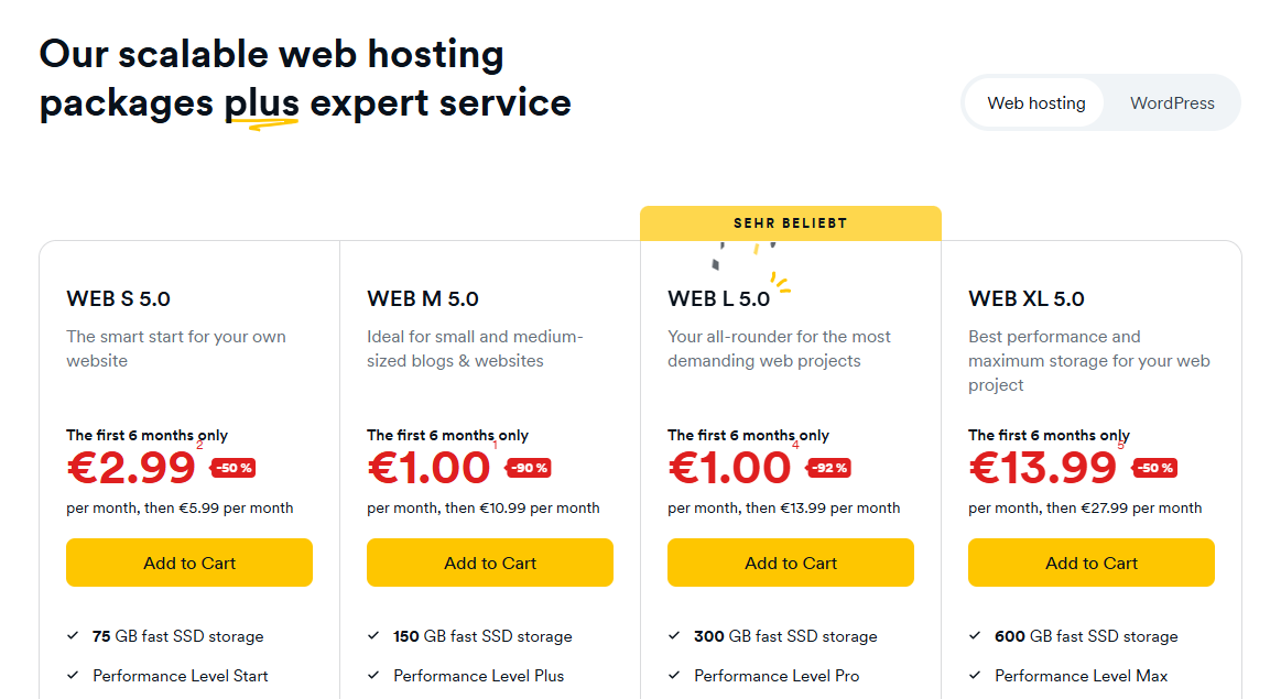 Dogado WEB S WEB M WEB L and WEB XL hosting plans