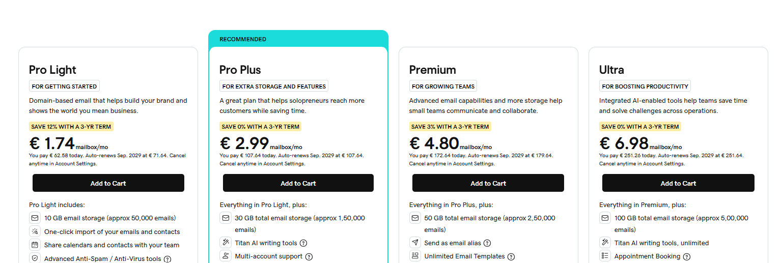GoDaddy Email Pro Light Pro Plus Premium and Ultra plans