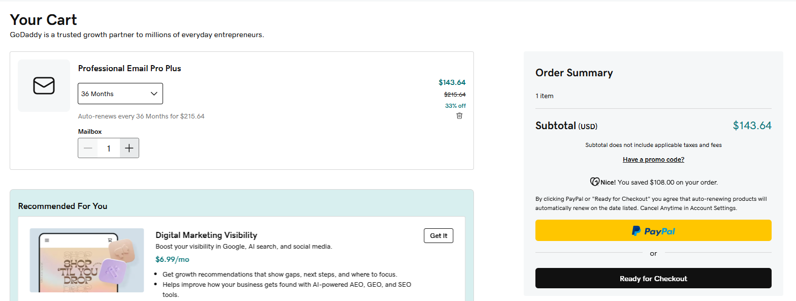 GoDaddy Email promo code field and checkout order summary