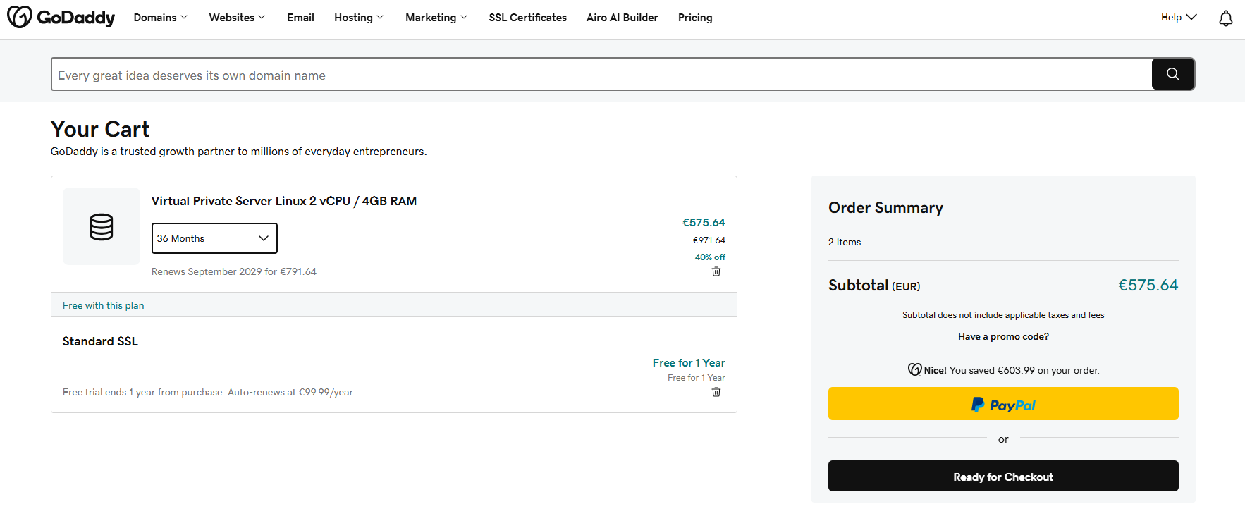 GoDaddy OpenClaw VPS order summary and promo code options