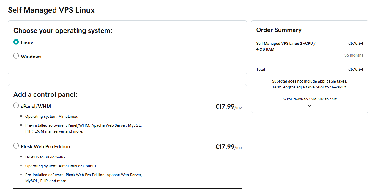 GoDaddy VPS plan configuration and purchase options