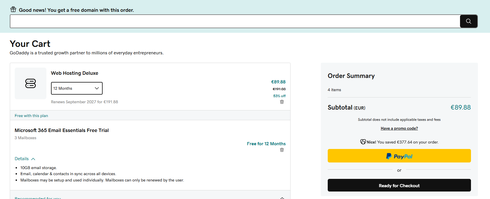 GoDaddy Web Hosting order details and billing period